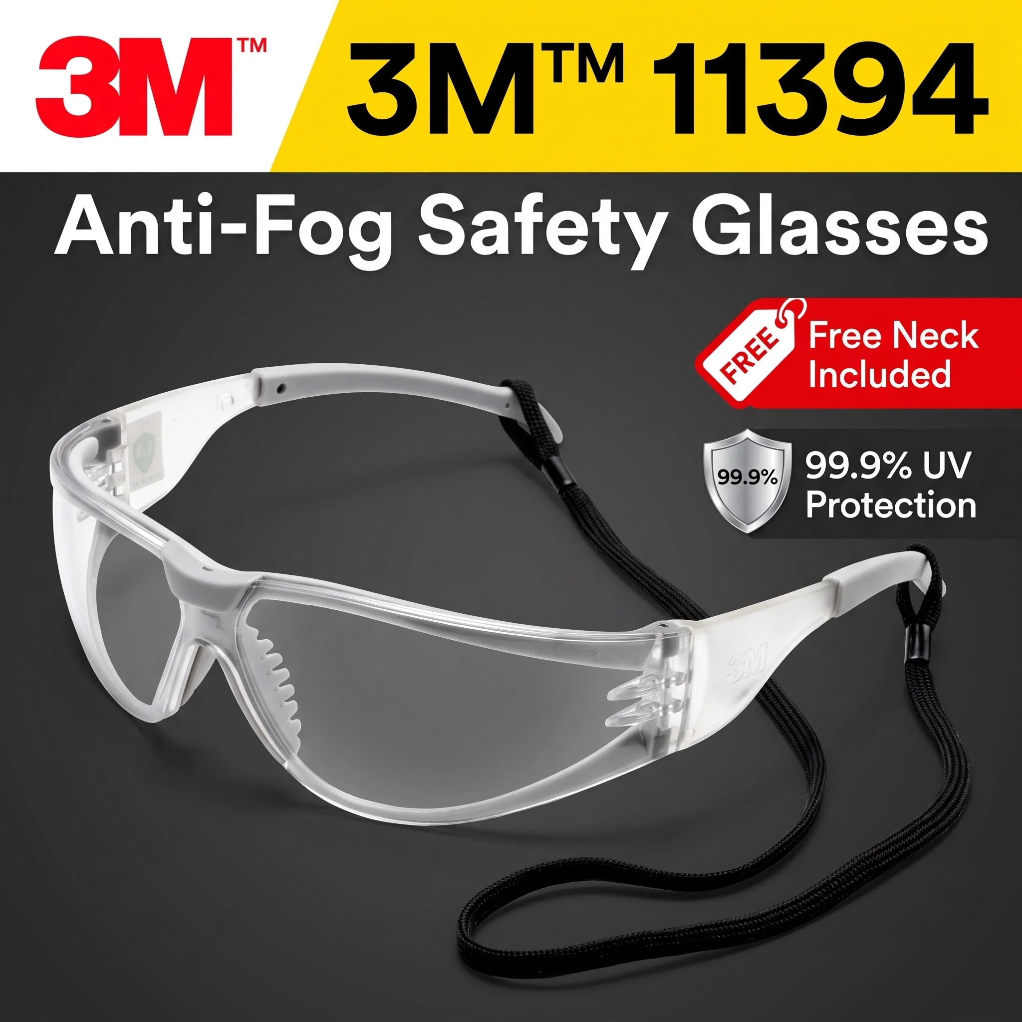 3M Safety Glasses Clear Anti Fog Protective Eyewear Impact Resistance UV Protection Comfortable Work Safety with Lanyard Strap