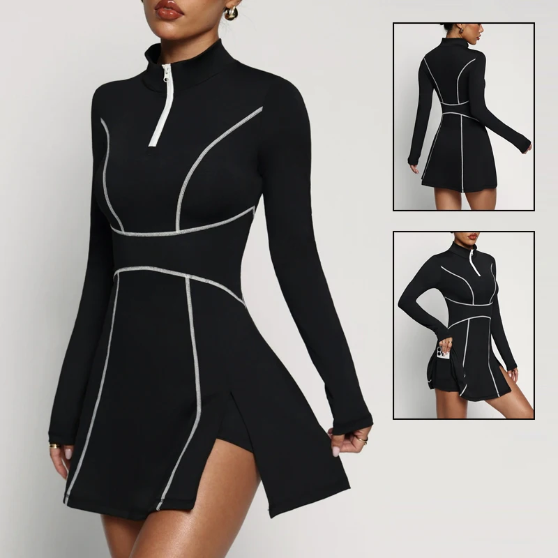 New Women Tennis Golf Dress Polo Collar Zipper Neckline Yoga Dress Lady Long Sleeve Split Badminton Gym Skirt with Inner Short