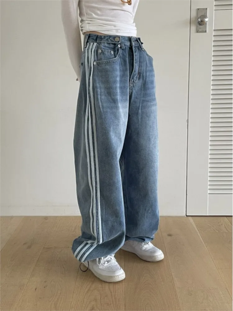 الجينز مخطط المرقعة طويلة الخريف واسعة الساق بانت المرأة فضفاضة مطوي الكورية نمط السيدات السراويل موضة السراويل امرأة غير رسمية