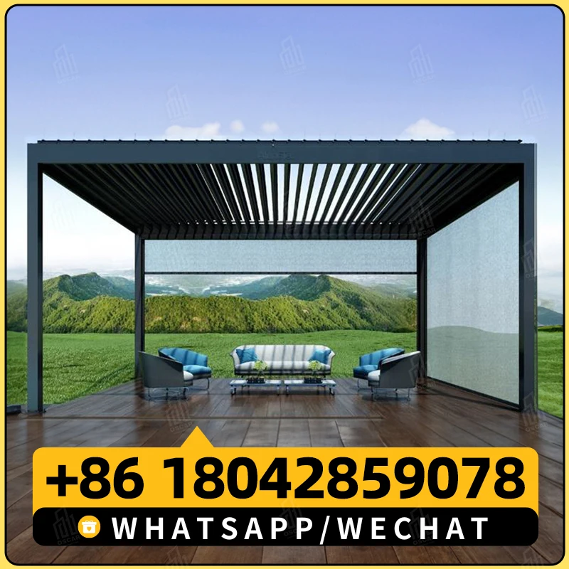 Garden gazebo metal green houses manual motorized louver pergolas with electric louvred roof