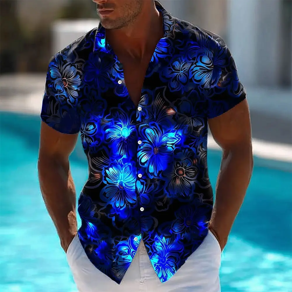 Męska koszula hawajska z krótkim rękawem, zapinana na guziki, z neonowym nadrukiem kwiatowym, idealna na lato, wakacje na plaży, koszula Aloha.