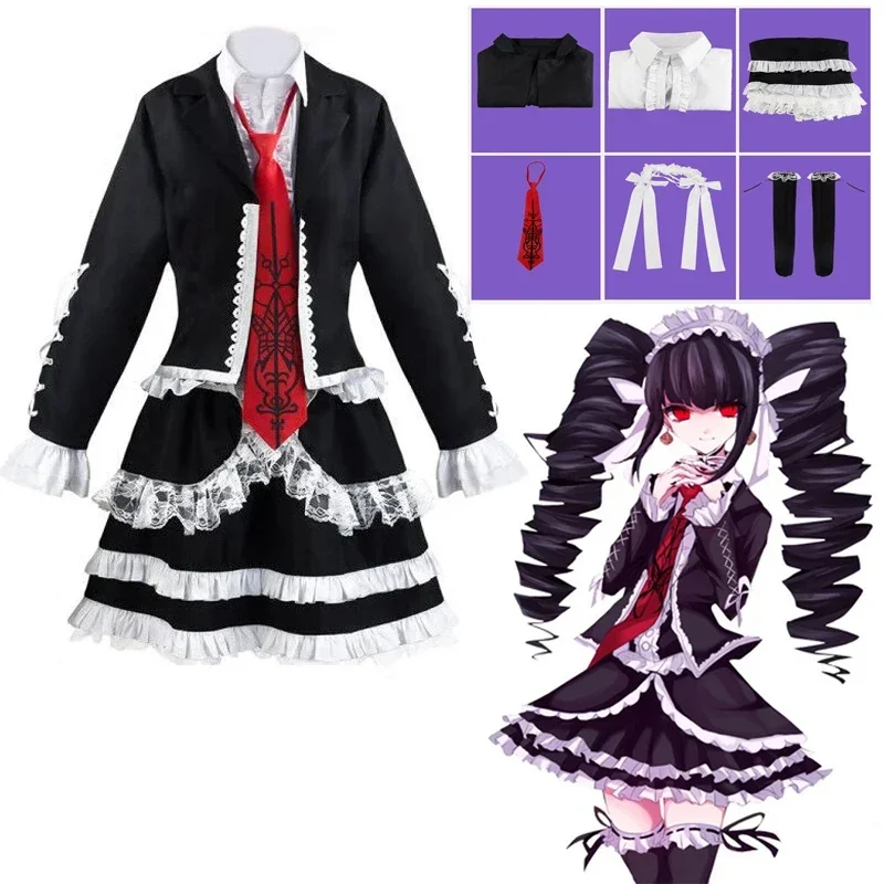 Anime Danganronpa Celestia Ludenberg Cosplay Costume Lolita Lace Black Skirt High School Student Uniform Wig Socks Bone Ring Set