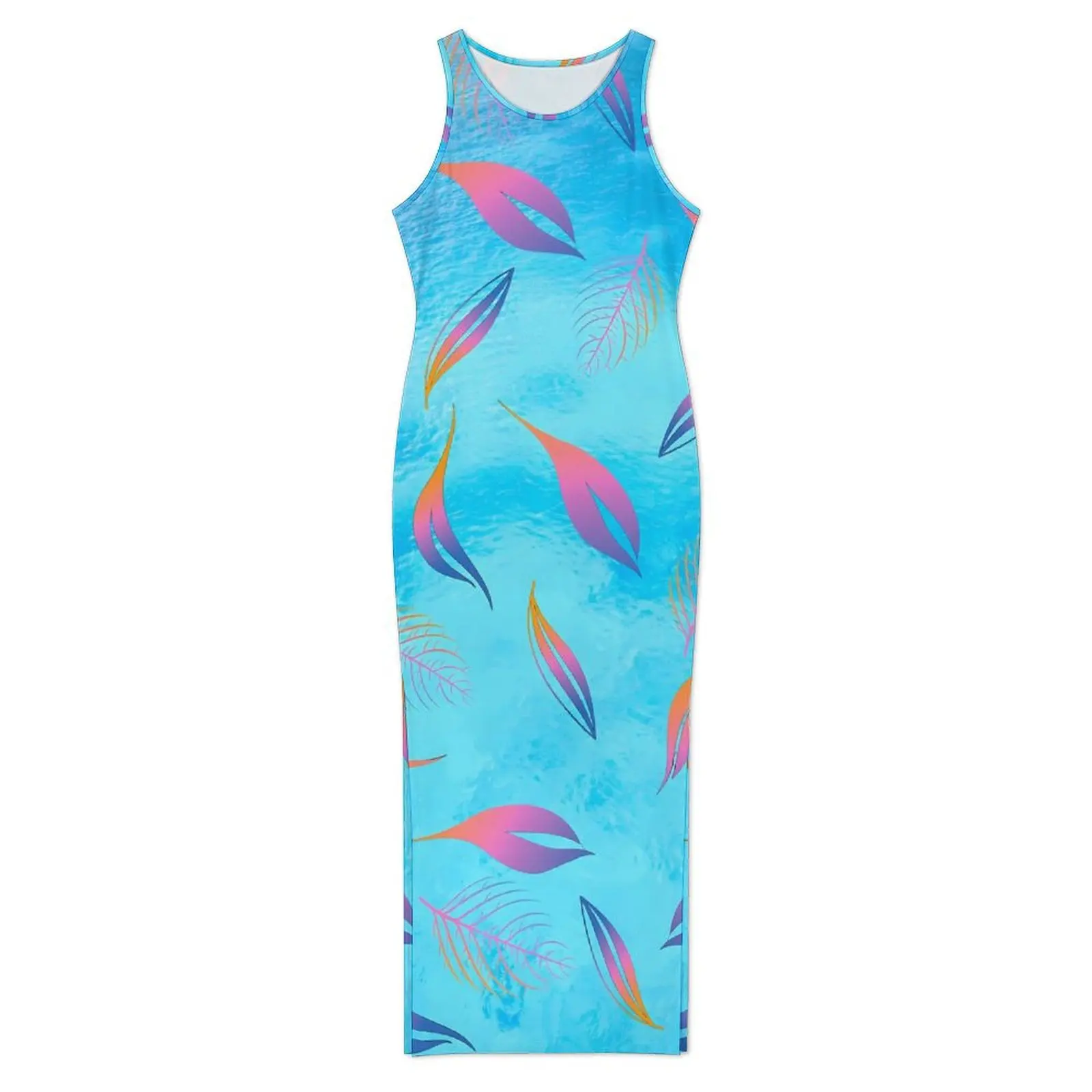 Femme robe feuille colorée bleu et rose mode robe moulante vacances sans manches mignon Maxi robes graphique vêtements surdimensionnés