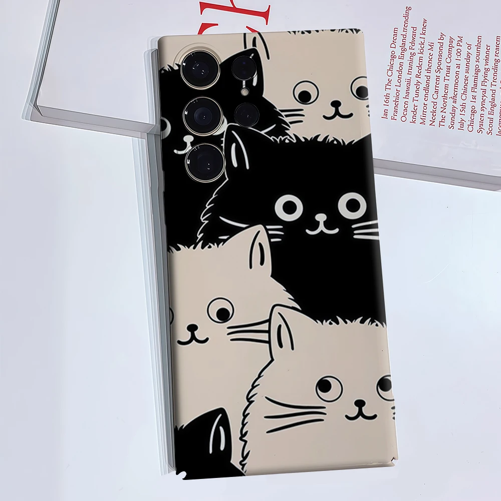 Black & White Cat Pile Phone Case for Samsung Galaxy S26 S25 Ultra S24 S23 Ultra Plus Glossy Double-layer Back Cover