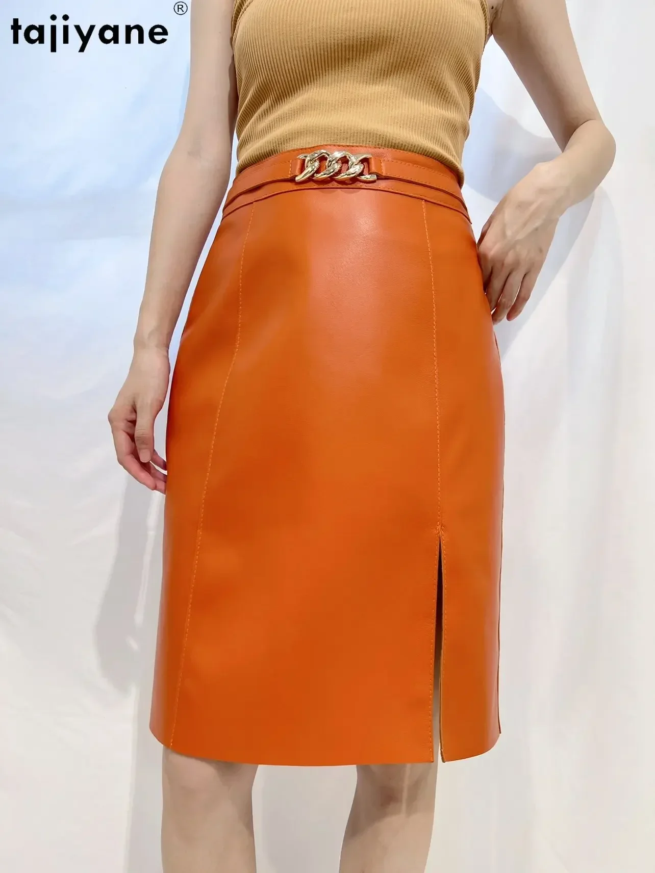 تنورة من جلد الغنم الأصلي من Tajiyane للسيدات بلون سادة تنانير عالية الخصر على الطراز الكوري تنورة أنيقة متوسطة الطول بفتحة جانبية