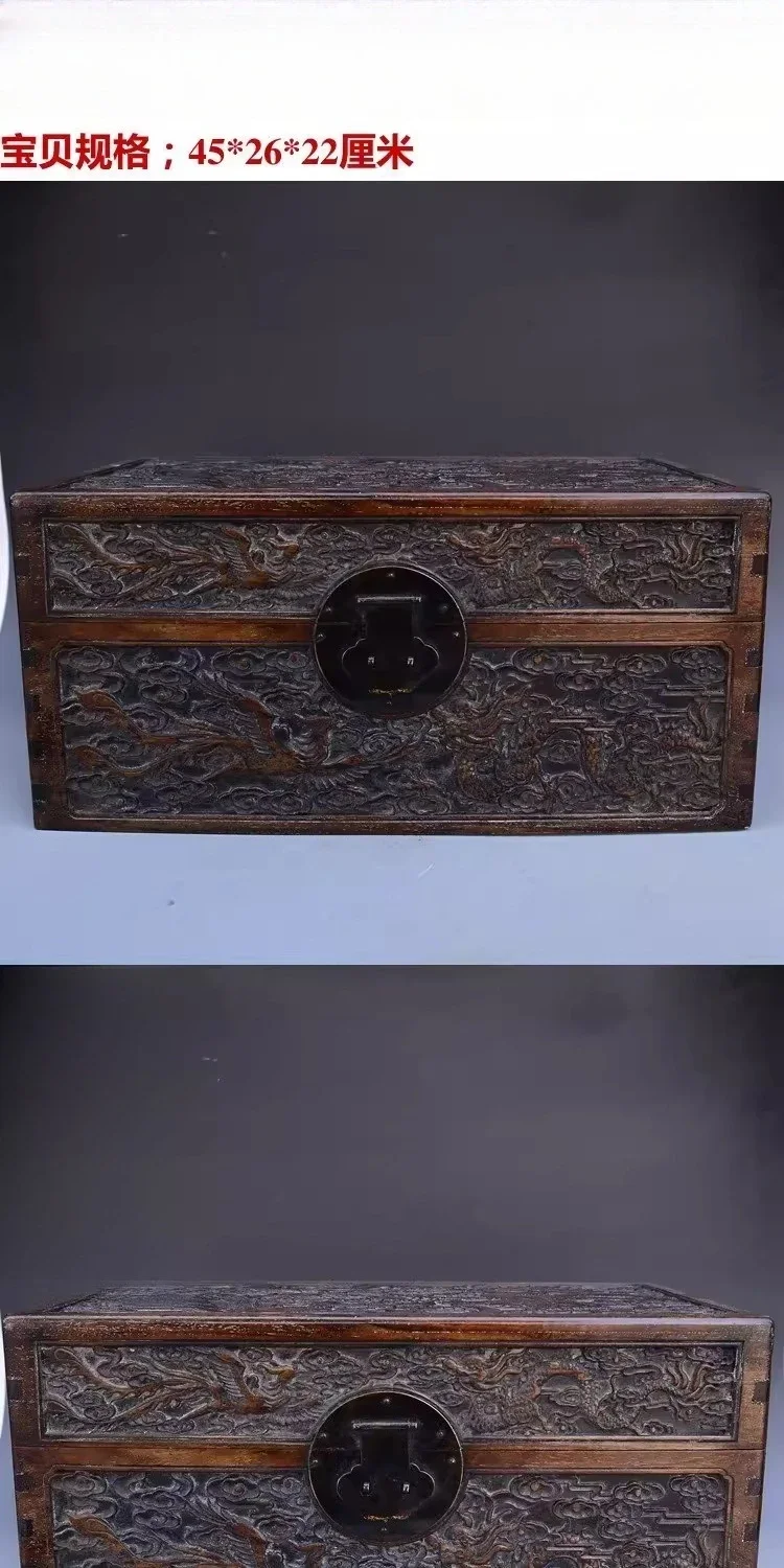 Premium Carved Wood Box with Dragon Phoenix Relief Large Velvet-Lined Keepsake Chest for Treasures New Home Housewarming Gift