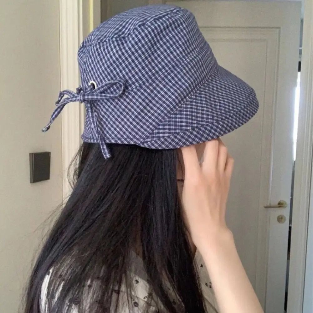 

Japanese Summer Plaid Bucket Cap Curled Bow Plaid Sun Hat Quick-dry Foldable Fisherman Caps for Women