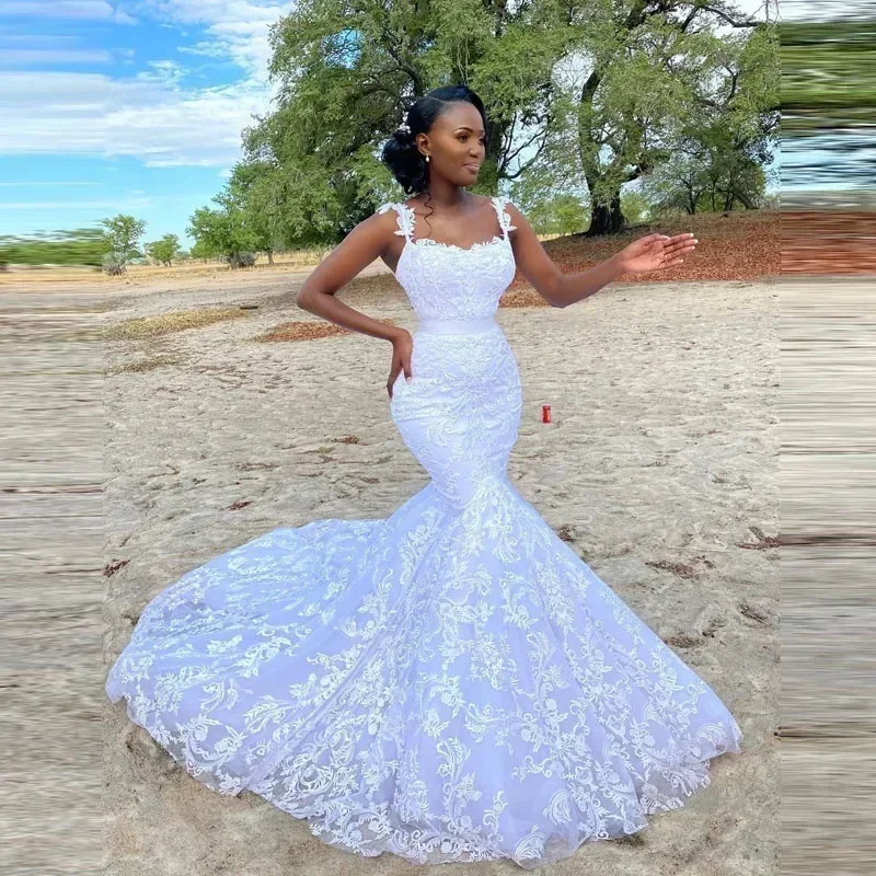 Customized White Lace Wedding Dress For Black Girls African Mermaid Bride Spring Summer