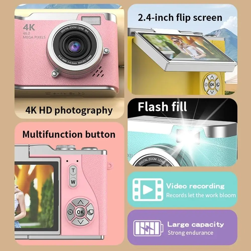 

High-Definition HD Digital Camera 4K 48MP Flip Screen Video Camcorder CCD Led Flash Light Long Battery Life Photography