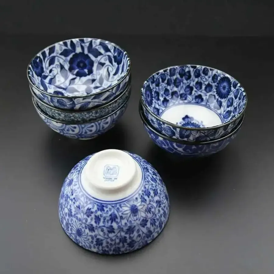 Mino Yaki Japanese Ceramic Rice Bowl Roast Blue and White Noodles Soup Bowl Household Dish Tableware Underglaze Color Craft