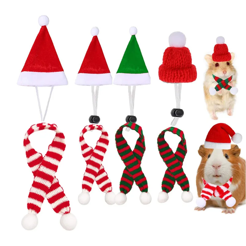 8Pcs Christmas Guinea Pig Santa Hat Small Pet Rabbit Hamster Hat with Scarf for Ferrets Chinchilla Lizard Bearded Dragon Costume