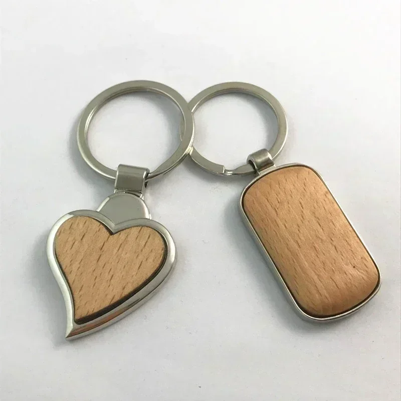 Custom Logo Double-sides Keyring Wood Heart Round Shaped Metal Key Chains Personalize Laser Engrave Hotel Room Number Keychain