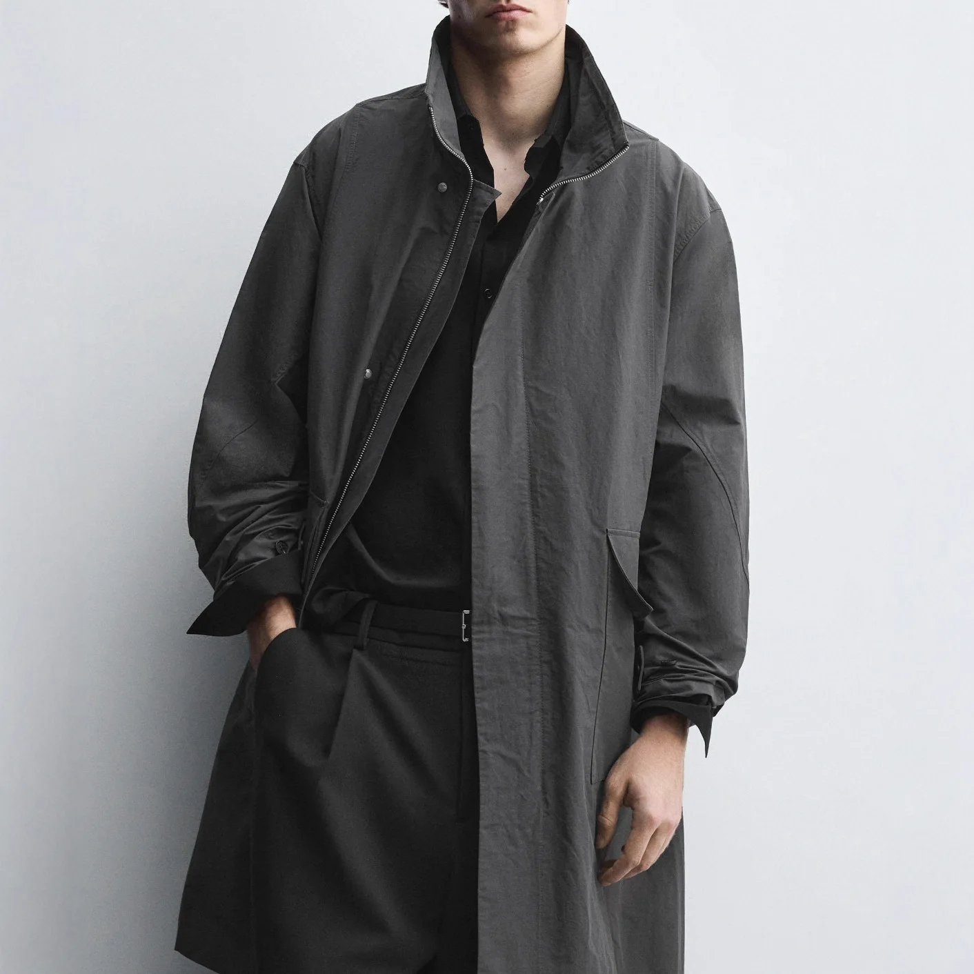 High Quality Men Medium Long Fabric Stand-up Collar Loose Gray Trench Coat