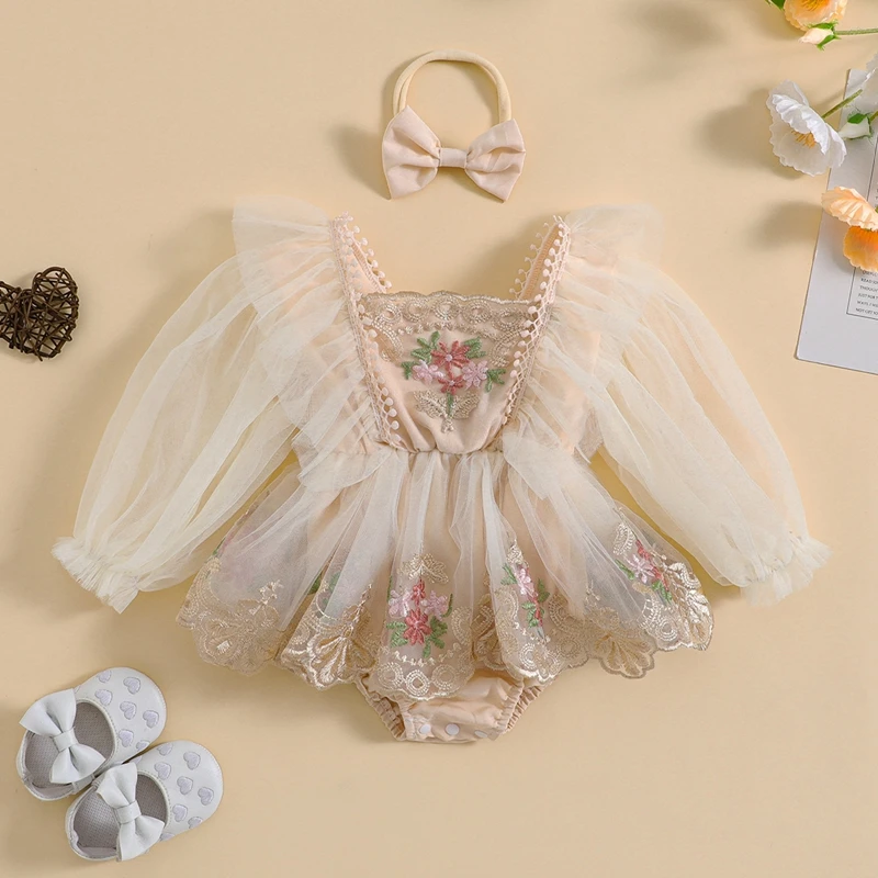 VISgogo Baby Girls Princess Romper Dress Spring Autumn Long Sleeve Floral Embroidery Tulle Patchwork Romper with Headband