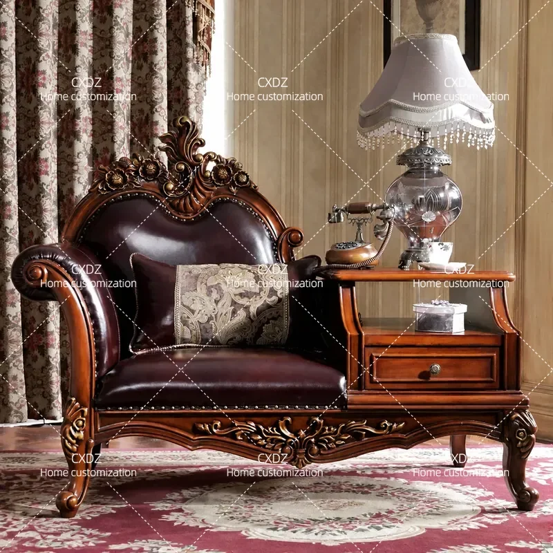 American Solid Wood Telephone Chair European Leather Lazy Recliner Beauty Couch Single Sofa for Bedroom Balcony