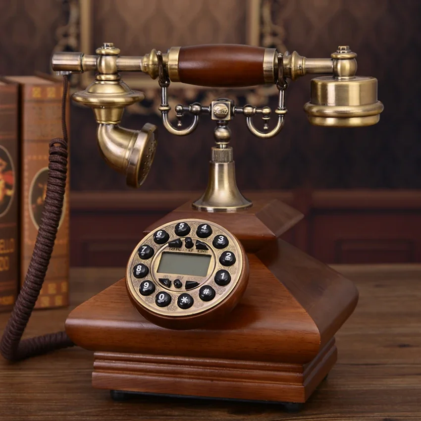 European-style Antique Retro Telephone Solid Wood Landline Decoration, Button Dial with Caller ID, Backlit Handsfree Calling