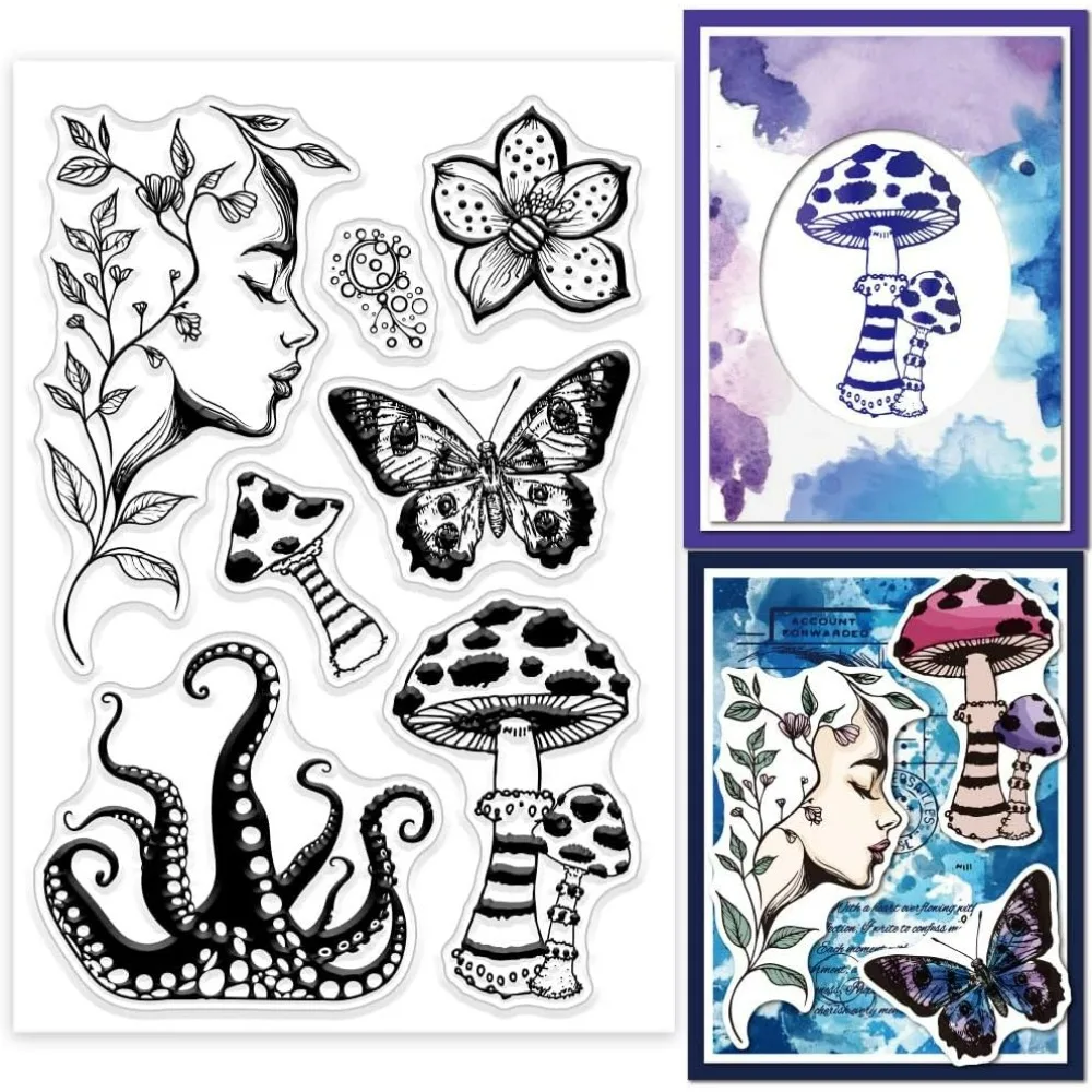 1pc Dark Magic Elements Clear Stamps Mushroom Tentacle Silicone Clear Stamp Seals Butterfly Flower People Transparent Stamps