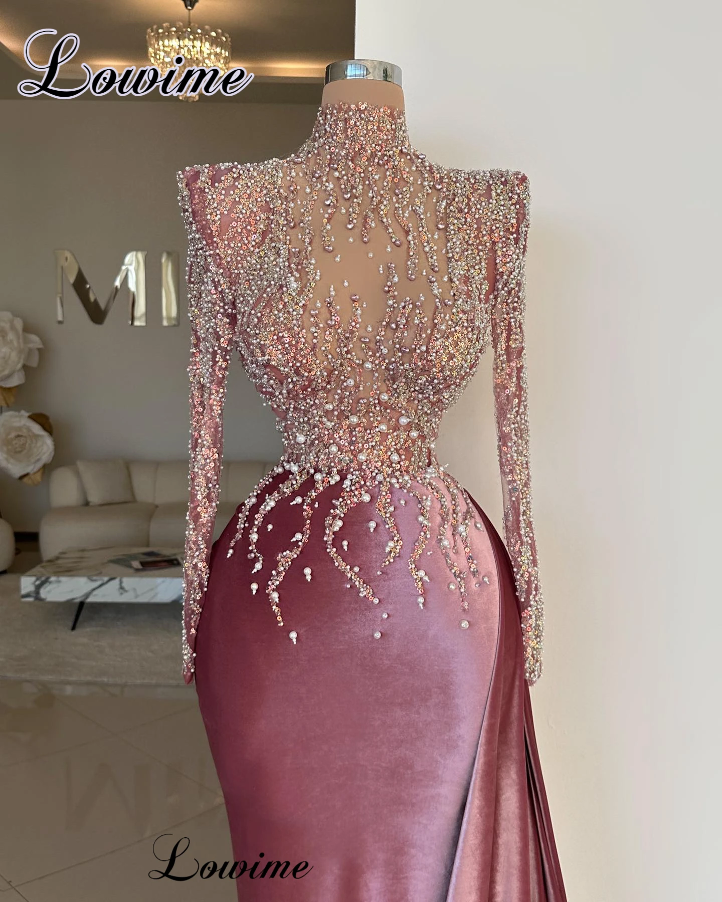 Vintage Beaded Evening Dresses With Long Sleeves High Neck Wedding Party Dresses Mermaid Robes De Soirée Engagement Gowns