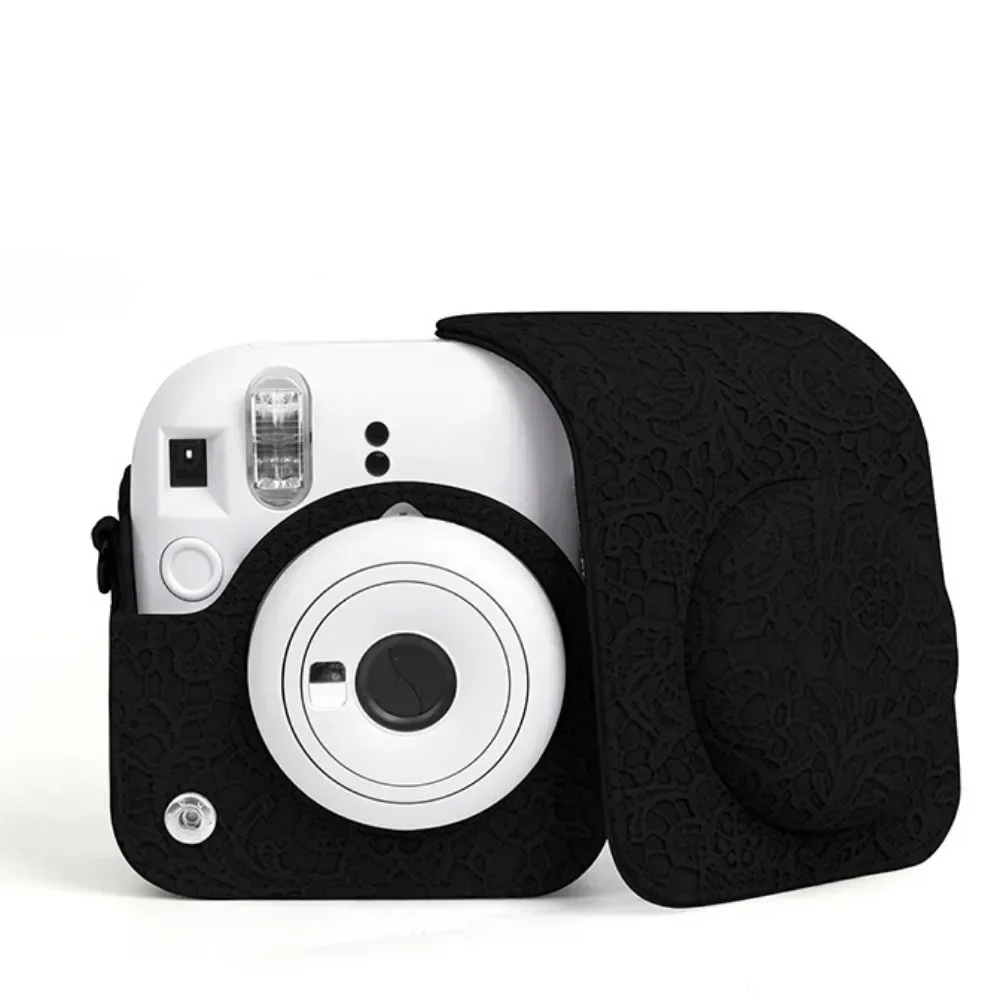 Carved Vintage Camera Bag for Fujifilm Instax Mini 12 Retro Relief Lace Pattern PU Leather Protective Case  with Shoulder Strap