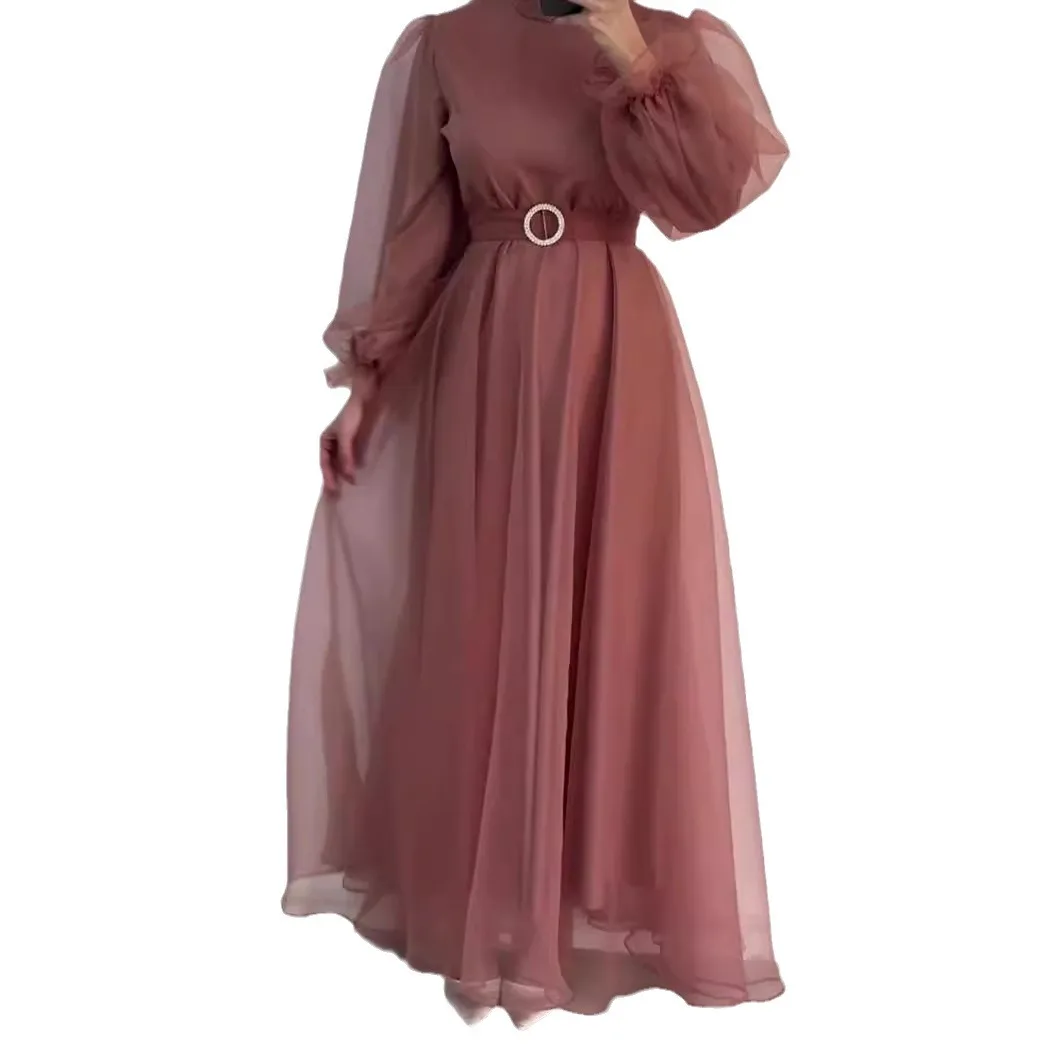 Dress Long Dresses Women Lantern Sleeve Mock Neck Elegant Muslim Party Prom Casual Regular A Line Vestidos Tight Waist Belt