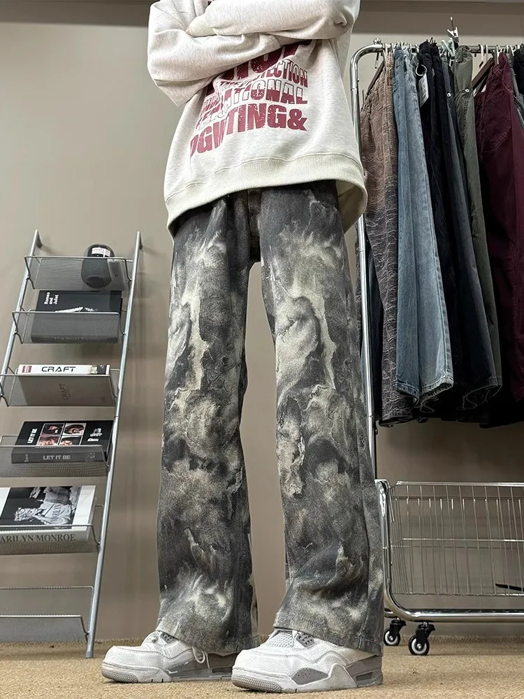 Cleanfit Men's Camouflage Dyed Denim Jeans Bla Loose Wide Leg Straight Cut Spring Autumn New Chinese Sle Youth Faion