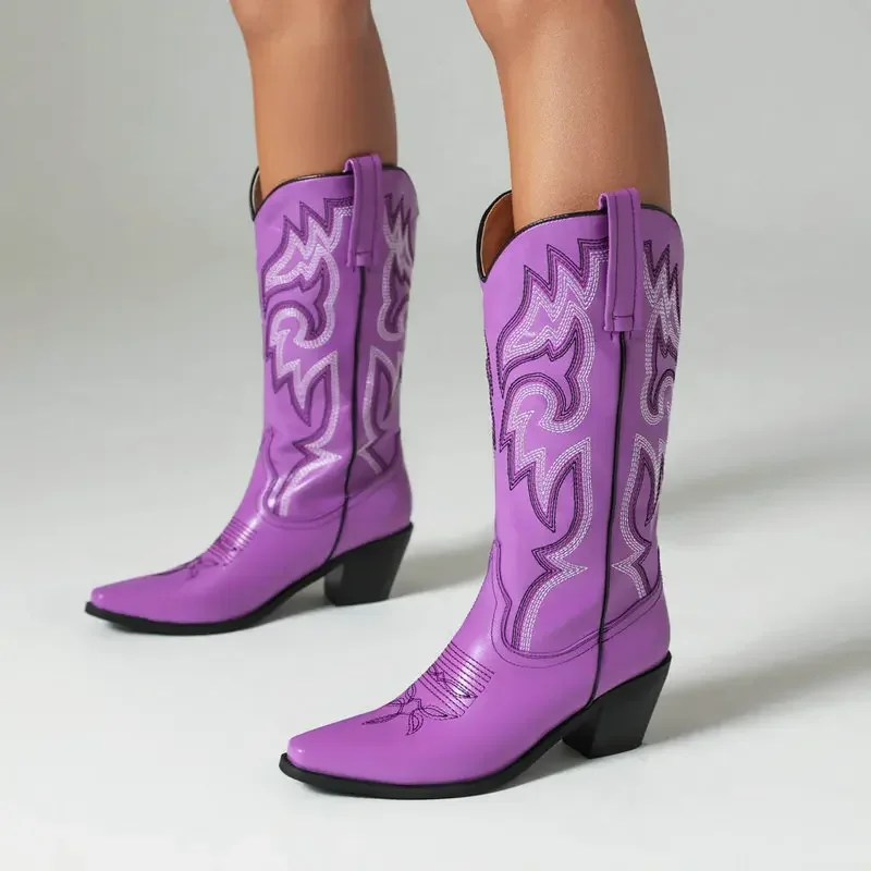 Vintage Embroidered Plus Size Western Cowboy Boots Fall/winter Chunky High Heel Small Square Mid-Doc Martens