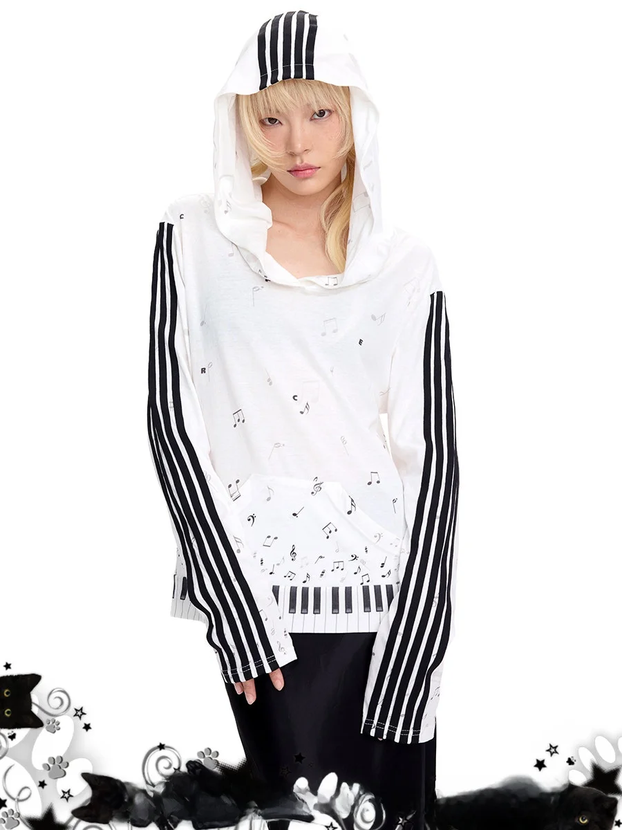 

CFIERCE Long Sve Hoodie Street Sle Loose Fit Cotton Polyester Blend Piano Note Print Oversized Sweatirt Autumn Faion