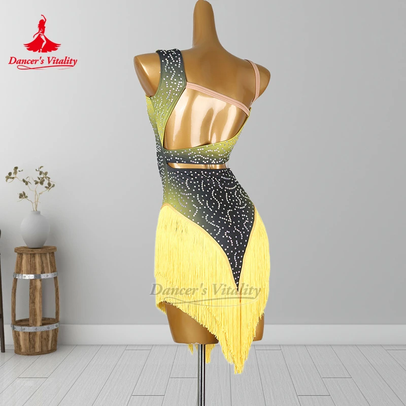 ダンサーの活力ノースリーブシングルショルダーラテンダンスタッセルドレス大人&子供チャチャグラデーションカラーパフォーマンス服カスタム