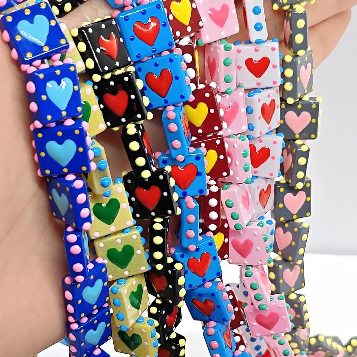 4/8 Stück 14mm handgefertigte Lampwork-Glasperlen, quadratisches Herzmuster, mehrfarbig, für die Schmuckherstellung, Armband, Halskette, Ohrringe, DIY – Detail 2
