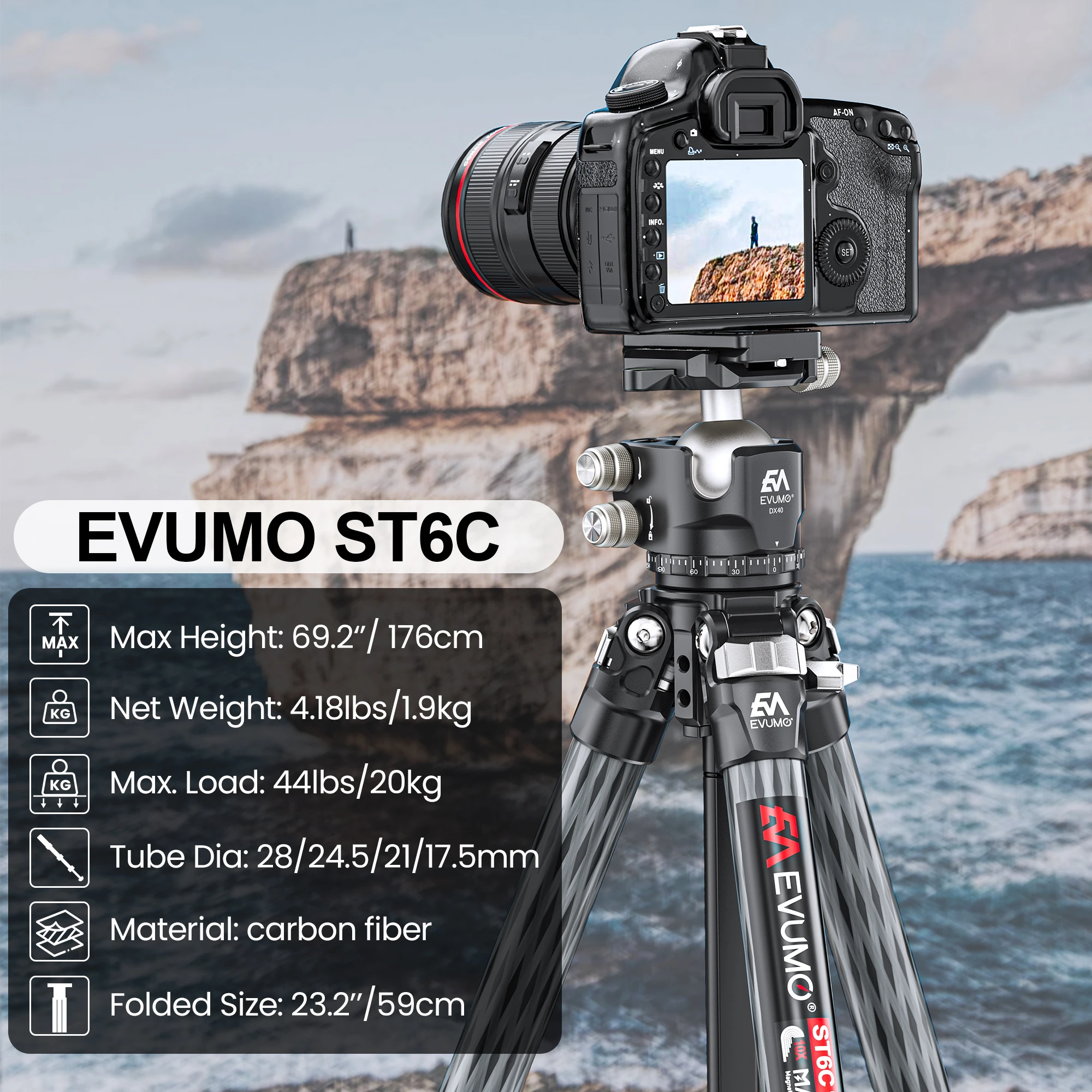 Carbon Fiber Tripod Compact Travel Tripod for Camera 69.2\'\' EVUMO ST6C Ultra Portable Arca Swiss Tripod for DSLR Max Load 20kg