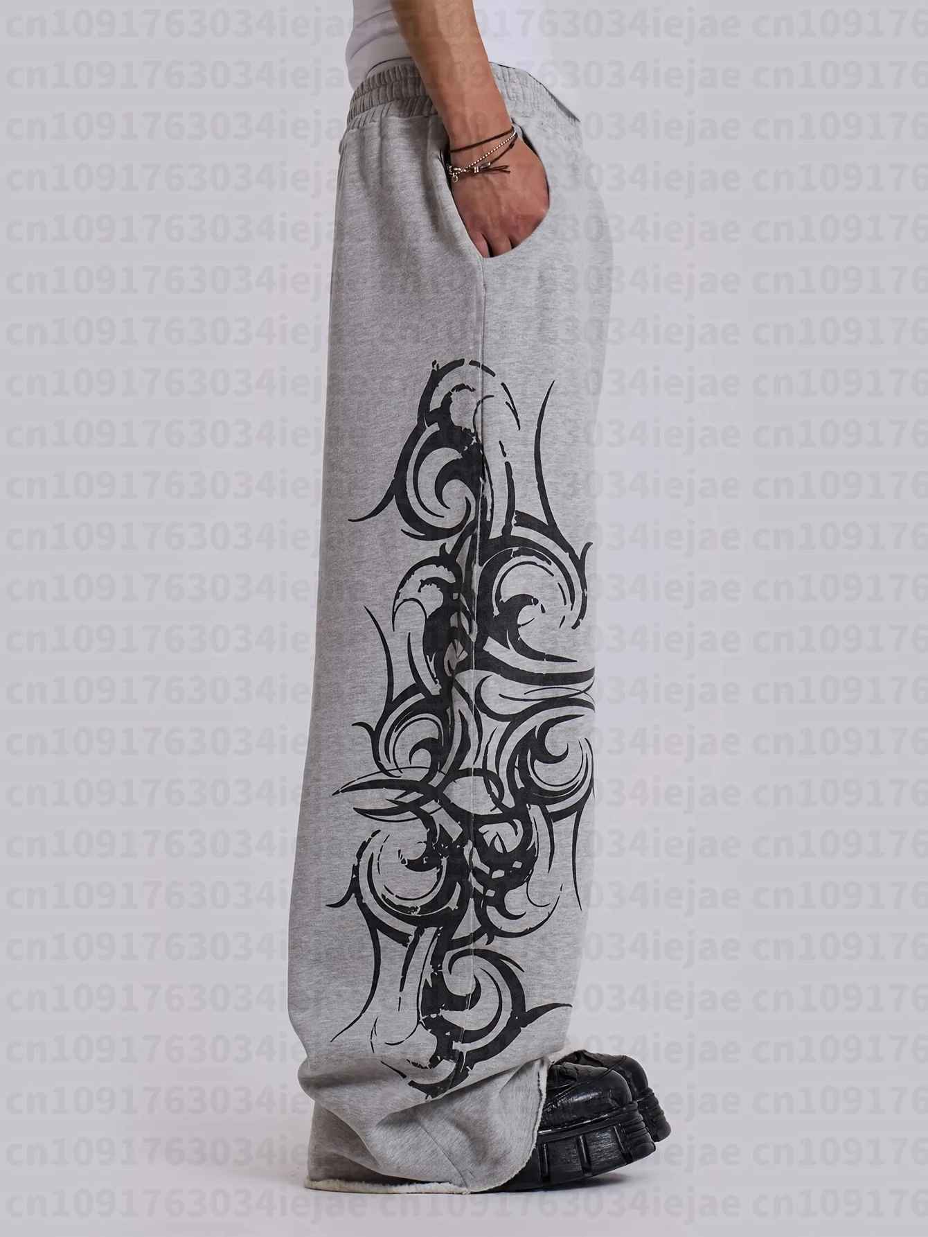 Y2K Retro Harajuku Mode Bedruckte Jogginghose, für Männer, Frauen und Kinder, Lose Trendige Hose, Vintage Lässige Graue Weite Trendhose – Detail 5