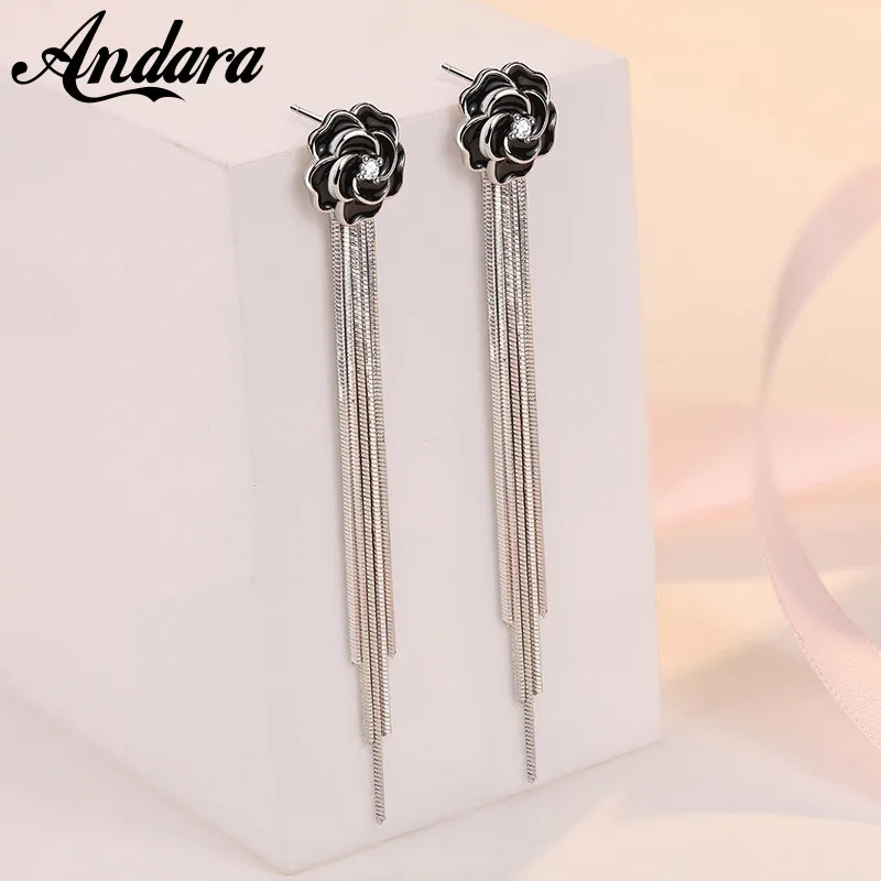 925 Sterling Silver Earrings Black Rose Fringed Long Earrings Engagement Jewelry Gift For Women