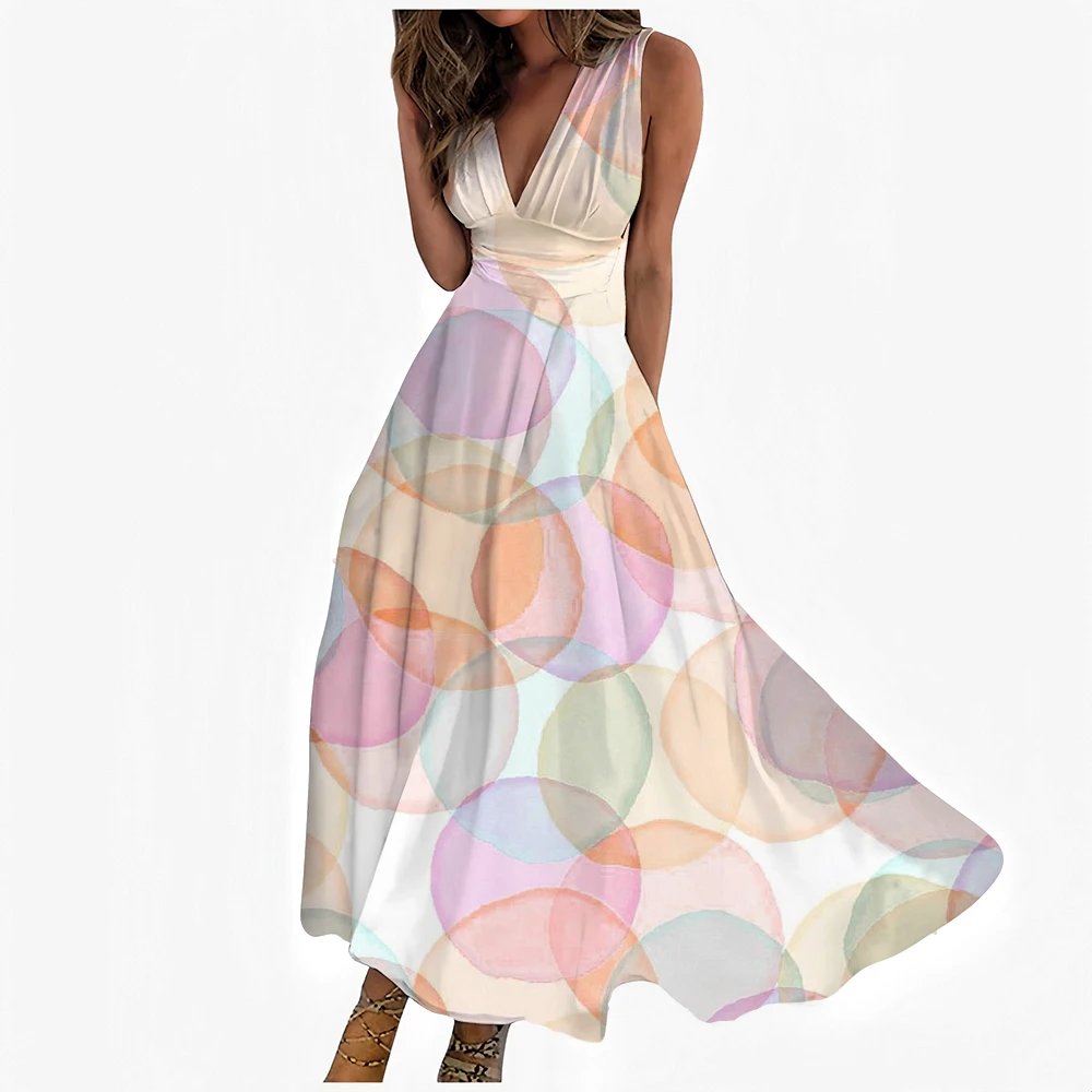 Damen-Hemdkleid mit Batikmuster und Blumenmuster, Regenbogenfarben, Bohemian-Stil, Grafik, Urlaub, ärmellos, große Schaukel, Designer-Kleider mit lässigem V-Ausschnitt und Print