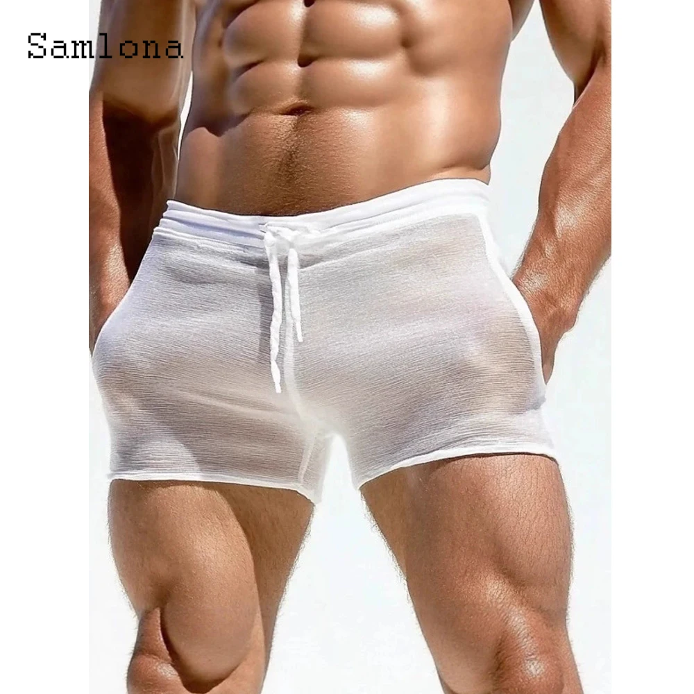 

Новинка 2023 года, летние сексуальные прозрачные пляжные шорты, мужские повседневные прозрачные пляжные шорты, однотонные белые эластичные ультра-шорты с эластичной резинкой на талии