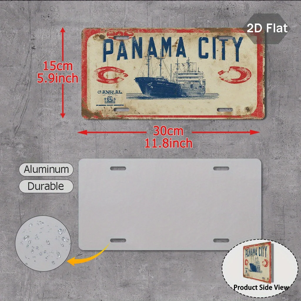 2D Flat,Retro Panama City Ship Logo- Red and Blue Ship Design Retro Marine Wall Decoration,Sign Ship Logo,Suitable for Yacht