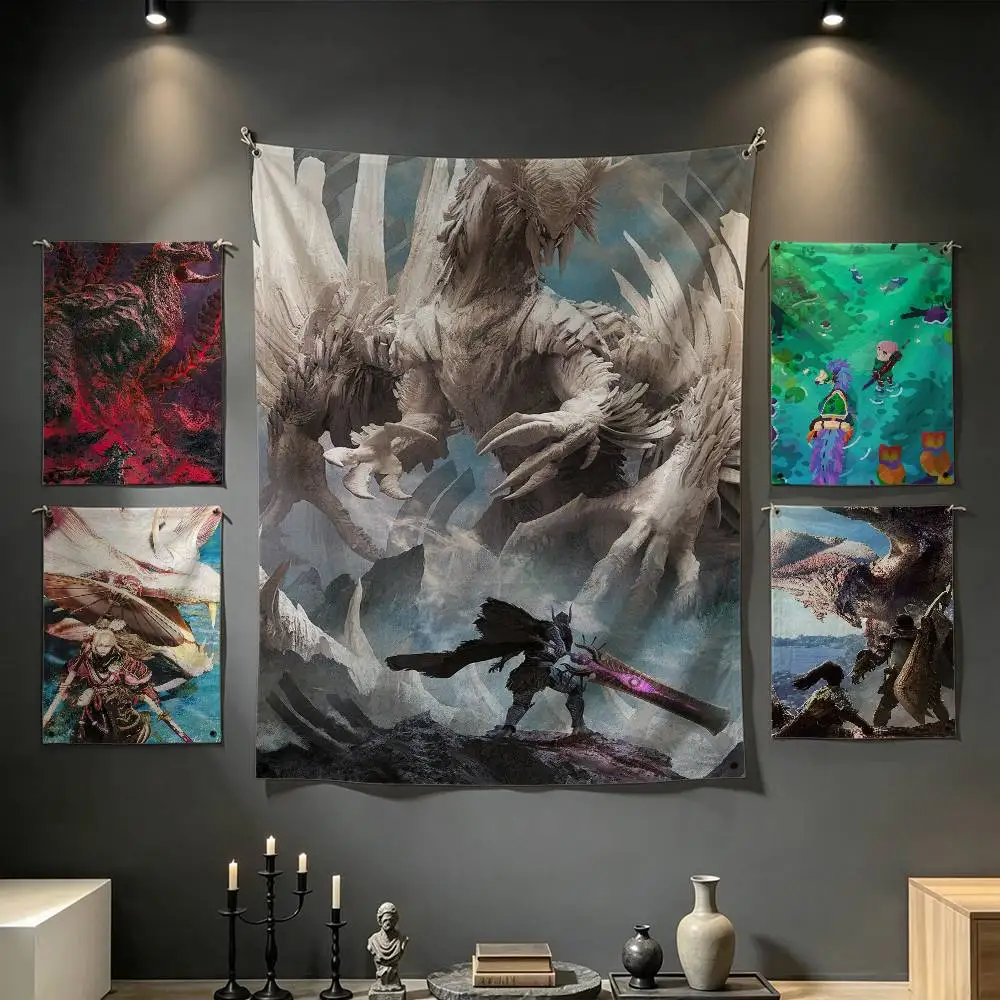 Game M-monster H-Hunter Wilds Tapestry Tropical Ocean Wall Hanging for Bedroom Living Room Dorm Home Decor