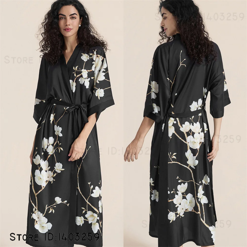 

Элегантный длинный халат с цветочным принтом, халат-кимоно, большие размеры, женская одежда для сна, домашнее платье, свободная повседневная атласная ночная рубашка, одежда для дома