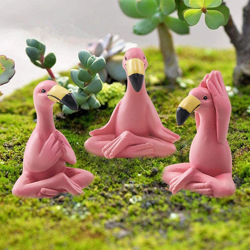 3pcs Flamingo Decorative Figures Miniature Garden Decor Outdoor Whimsical Pink Flamingo Fairy Garden Lawn Statues Resin Ornament