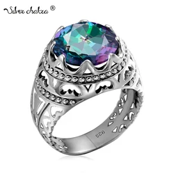 Vintage Rings For Men Genuine 925 Sterling Silver Male Ring 13*13mm Mystic Topaz Round Cut Stone Men's Jewelry Beautiful