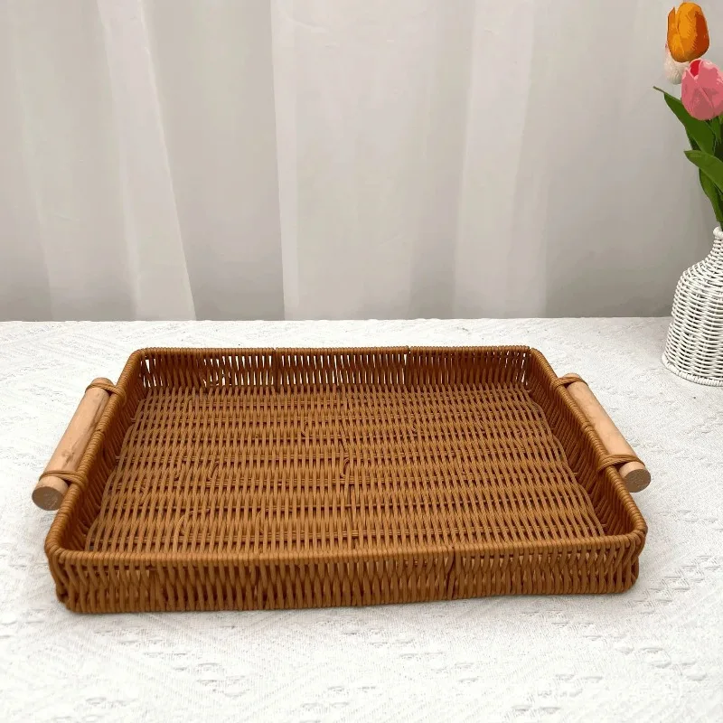 PP Woven Storage Basket with Wooden Handle Modern Rectangular Shallow Bin for Living Room Bedroom