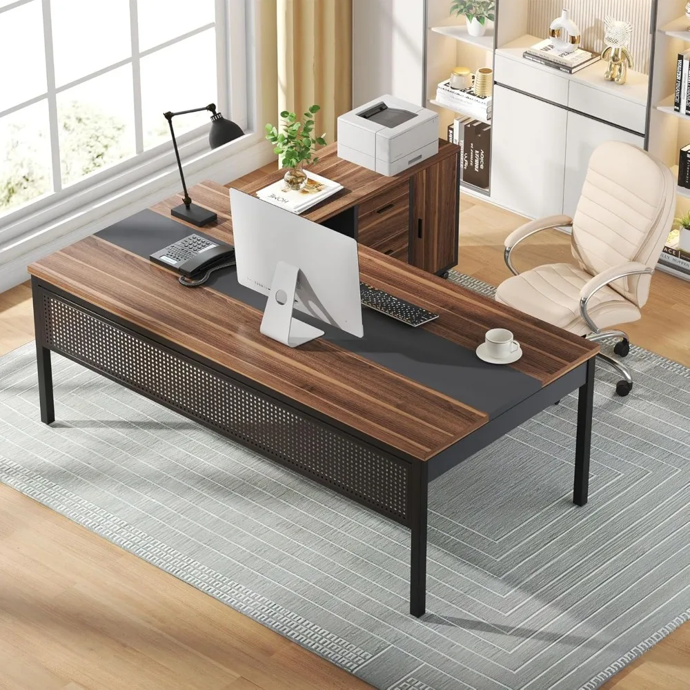 70.8" Large Executive Office Desk and 47" Lateral File Cabinet Combo, L-Shaped Computer Desk 2 Piece Business Furniture with