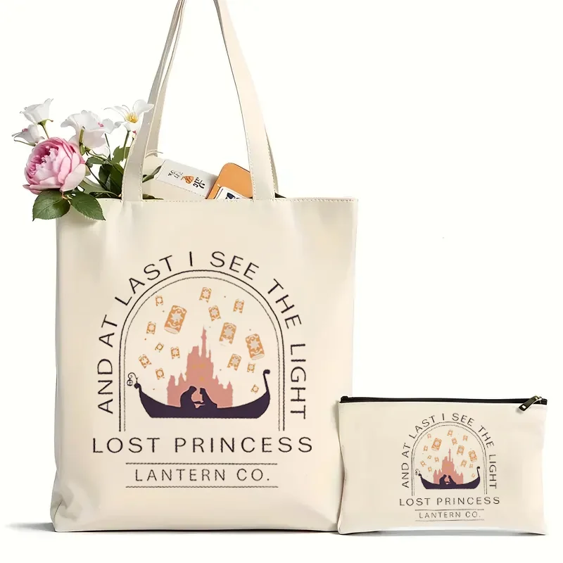 2Pcs Rapunzel Lost Princess Pattern Tote Bag, Casual Canvas Shoulder Bag, Portable Grocery Shopping Bag