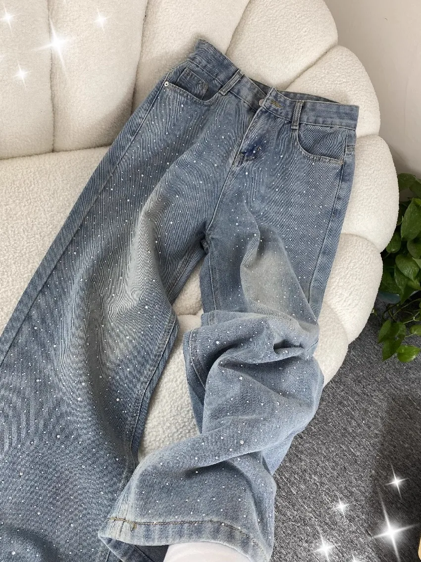 

Блестящие джинсы из микроденима для женщин: узкие, широкие, прямого кроя, с высокой талией, длинные брюки, весенняя мода, для фигуры типа «груша», неэластичный деним