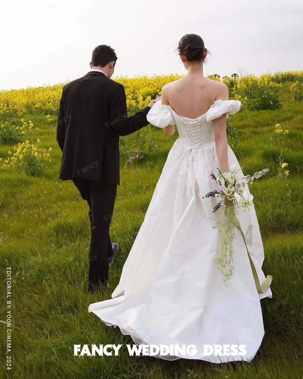 Phantasie Korea aus der Schulter Hochzeits kleid Fotoshooting bodenlangen Taft Brautkleid eine Linie Elfenbeins pezies