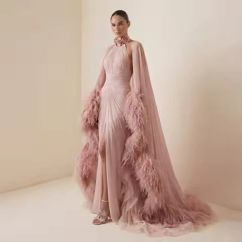 Ceremony Feathers Evening Dresses Luxurious Cap Long Sleeve Chapel Train Classy Formal Gowns Customized Chiffon Dress Vestidos