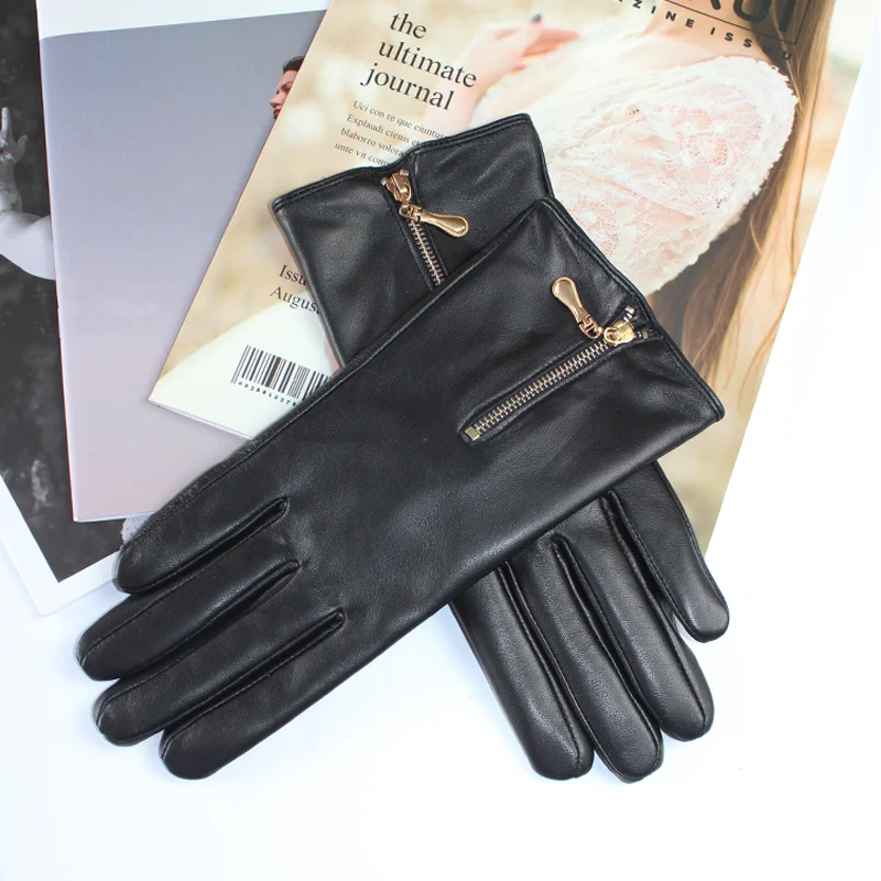 Women's sheepskin gloves leather touch screen fashion zipper fleece warm windproof autumn driving gloves winter