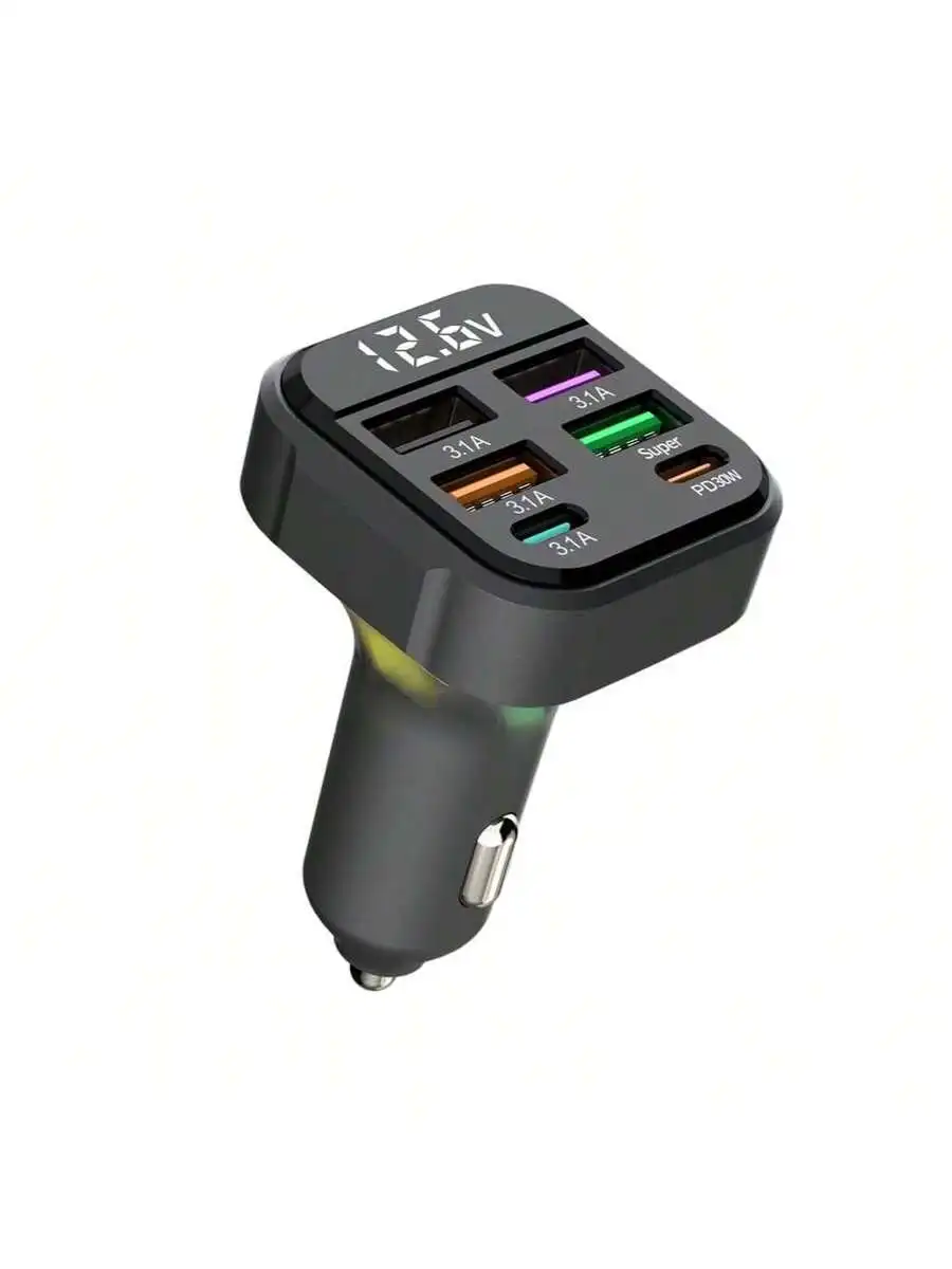 6-Port Car Charger Featuring Real-Time 12.6V Display, 45W PD30W QC3.0 Fast Charge For iPhone, Android, Tablet, Laptop