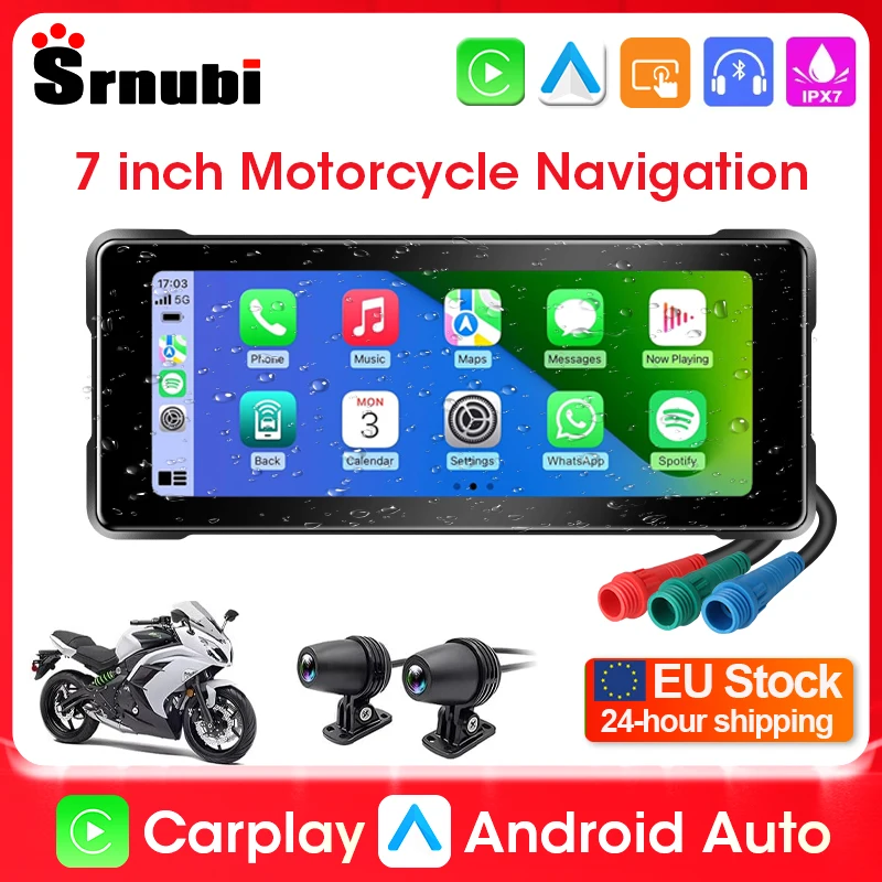 Srnubi Schermo portatile da 5/7 pollici Carplay Navigazione moto GPS Smart Player Supporta Carplay Android Auto IP67 Impermeabile BT