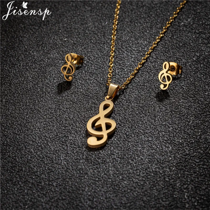 Fashion Musical Note Pendant Necklace for Women Tiny Music Stud Earrings Girls Birthday Gift Stainless Steel Jewelry Sets Brinco