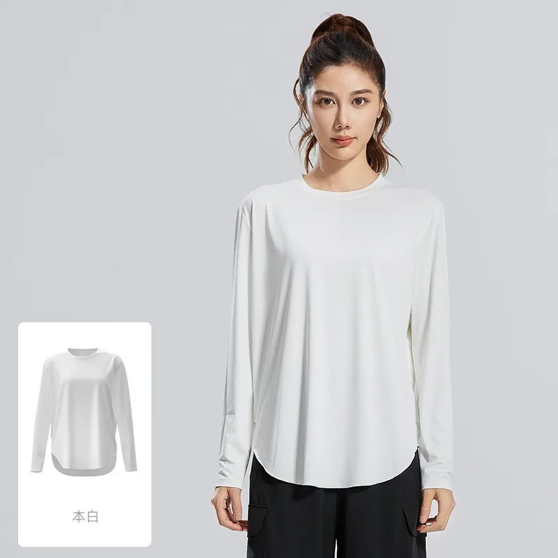 Women Quick Drying Long Sleeves Tops 2024 Summer High Elasticity Loose Size Sports Contrast Design Ice Silk Yoga Tops Yoga Smock